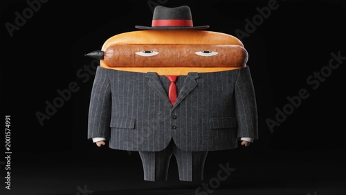 Whimsical hot dog character in a pinstripe suit and fedora, looking mysterious
