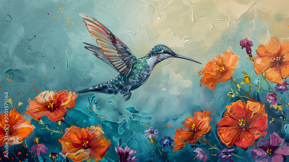 Fototapeta premium Hummingbird in flight amidst vibrant orange poppies and flowers