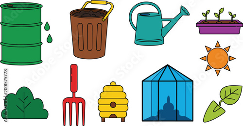 Gardening and Environmental Care Icons Set with Watering Can, Plants, Compost, Honeycomb, Greenhouse, and Garden Tools for Digital Media, Apps, and Websites