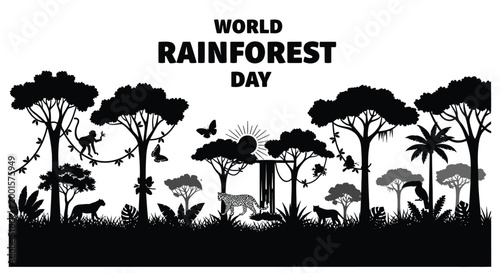 Black silhouette vector illustration of a tropical rainforest with diverse wild animals and lush vegetation