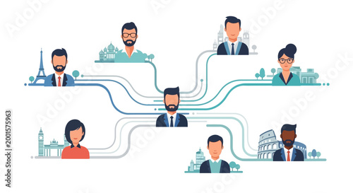 A stylized Europe Day illustration shows interconnected business professionals around the world linked to a central figure, with European landmarks subtly depicted in a flat design