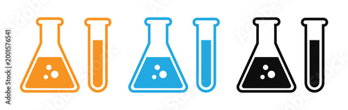 Colorful laboratory beaker and test tube icons set for science and chemistry concepts vector illustration