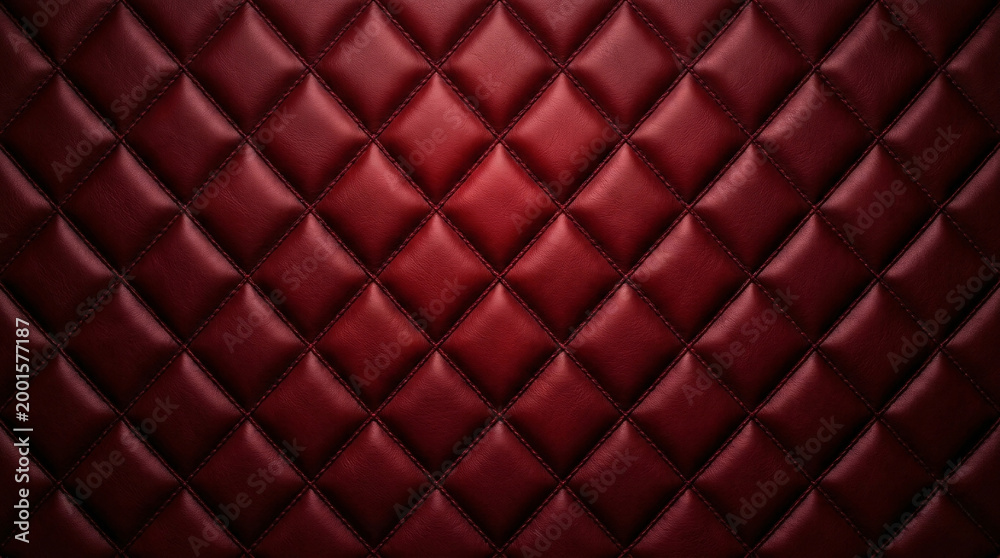 Fototapeta premium Deep crimson red quilted leather upholstery texture, diamond tufted pattern with fine stitching and luxury padding.