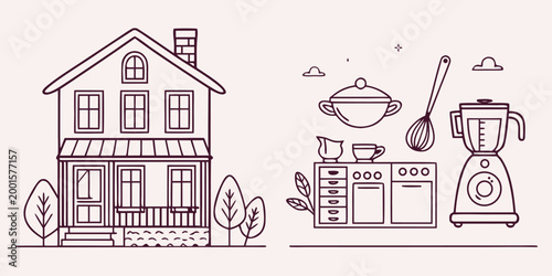house and kitchen appliances line art illustration high quality professional detailed modern