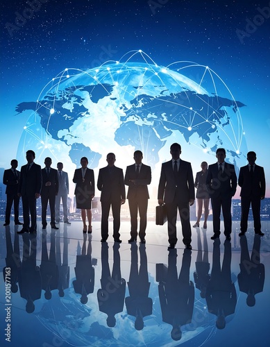 Silhouetted business professionals against a global network backdrop