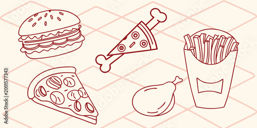 fast food icons set in minimalist line art style high quality professional