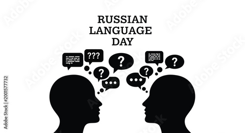 Russian language day vector illustration with human heads and speech bubbles showing conversation and learning concepts