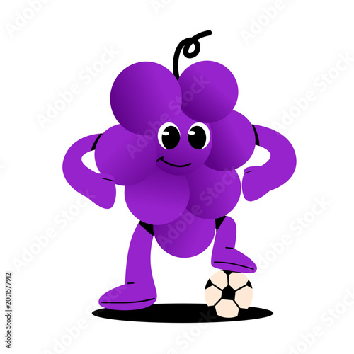 Cute grape mascot character performing various sports activities. Bright colorful cartoon illustration representing healthy lifestyle, fitness, exercise, active living in a modern flat design style