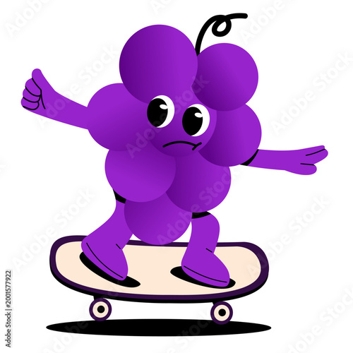 Cute grape mascot character performing various sports activities. Bright colorful cartoon illustration representing healthy lifestyle, fitness, exercise, active living in a modern flat design style