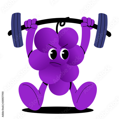 Cute grape mascot character performing various sports activities. Bright colorful cartoon illustration representing healthy lifestyle, fitness, exercise, active living in a modern flat design style
