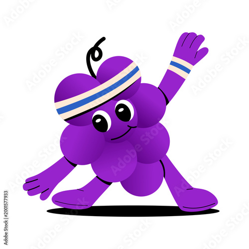 Cute grape mascot character performing various sports activities. Bright colorful cartoon illustration representing healthy lifestyle, fitness, exercise, active living in a modern flat design style