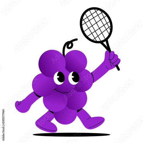Cute grape mascot character performing various sports activities. Bright colorful cartoon illustration representing healthy lifestyle, fitness, exercise, active living in a modern flat design style