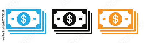 Colorful dollar bill icons in blue, Black, And orange on white background vector illustration