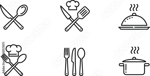 Chef hat food pot fork spoon dining line icon set