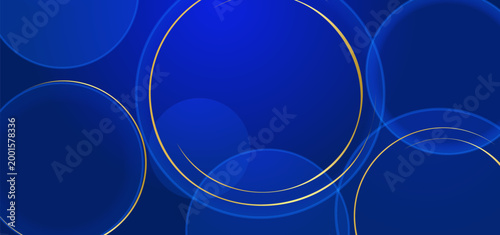Abstract background with elegant royal blue gradients, dynamic overlapping transparent circles, and luxurious golden line art, perfect for modern design.