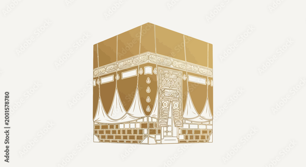 Obraz premium Islamic Kaaba illustration, Mecca holy site, gold outline on white background