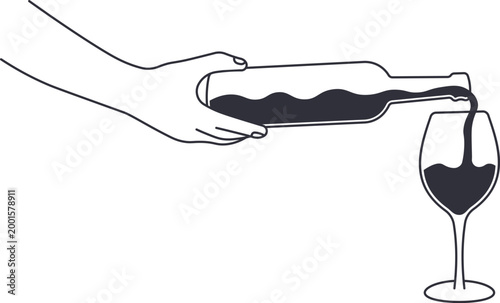 Minimalist Line Art Hands Pouring Red Wine from Bottle into Glass Elegant Vector Illustration for Bar Menu Restaurant Branding and Celebration Design.