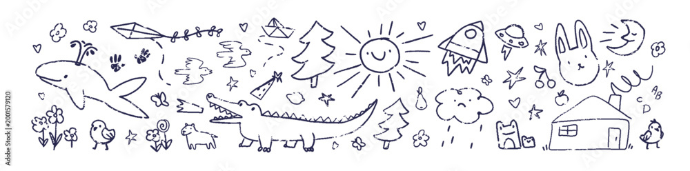 Fototapeta premium Kids doodles set. Cute child wall arts with pen-animals, flowers, houses, sun. Funny children scribbles, pencil sketches. Hand drawn outline isolated vector illustrations on white background