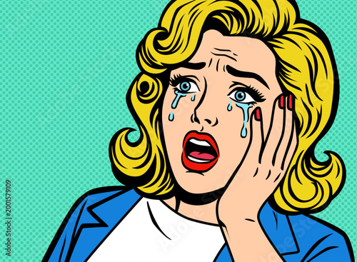 Retro comic book style illustration of a woman crying with her hand on her face, showing distress and sadness