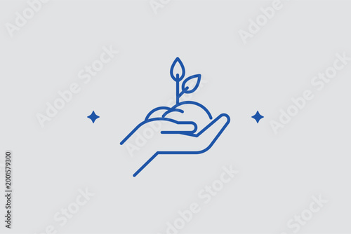 Hand holding seedling line icon for environmental care and community-supported agriculture programs. Caring vector illustration for reforestation nonprofit websites and ecology awareness campaigns.