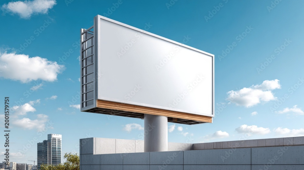 Fototapeta premium Empty billboard against a clear sky with city skyline in the background.