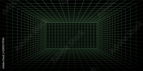 3d wireframe grid room. 3d perspective laser grid 16 9.. Cyberspace black background with green mesh. Futuristic digital hallway space in virtual reality. Vector illustration.
