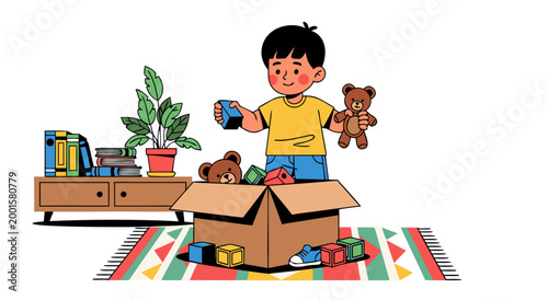 Child playing with toys in a cardboard box, vector illustration of childhood fun and imagination