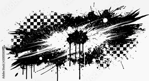 Cuadro en lienzo Abstract black and white splatter illustration with checkered pattern, vector gr