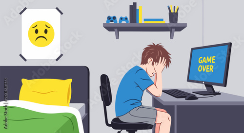 Sad boy playing video games, vector illustration of frustration and defeat after game over screen