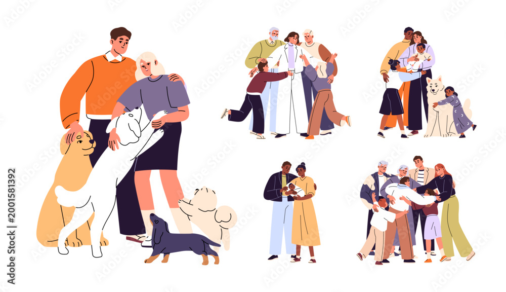 Fototapeta premium Set of happy hugging families. Mother, father, old grandparents and kids are gathering together. Parents and children cuddle. People love and embrace. Flat isolated vector illustrations on white