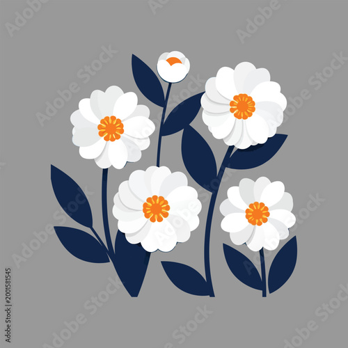 Modern Minimalist White Flower Illustration with Dark Leaves and Bright Orange Centers