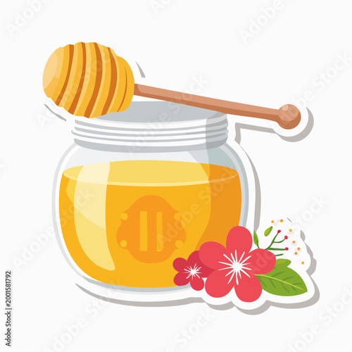 Jar of Honey with Honey Dipper and Flowers