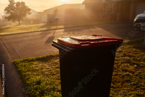 Golden sunlight on misty morning over rubbish bin out for fortnightly curbside pickup