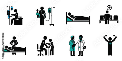 Diverse medical icon set healthcare hospital doctors patients and treatment illustrations