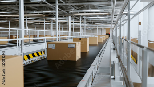 Warehouse conveyor system with boxes moving automated line clean lighting sharp focus 4k stock photo
