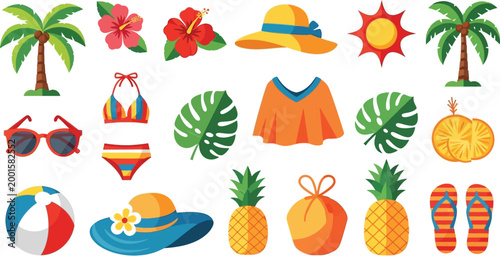 Collection of colorful summer vacation including palm trees, swimwear, hats, and tropical fruits beach
