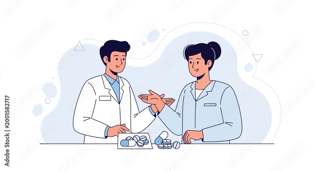 Fototapeta premium Two doctors discussing medication, with pills on a table, illustration