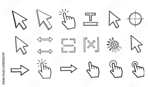 A modern hand-drawn vector collection of mouse cursors, click arrows, tap buttons, and pointer icons arranged in a clean minimal style. The set includes select cursor shapes, upward and downward arrow