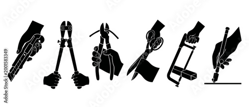 Hands holding construction tools set, black silhouette icons of manual equipment for workshop repair, industrial maintenance collection with cutter, bolt cutters, wire pliers, scissors, hacksaw and gl