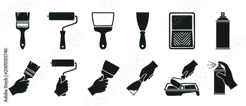 Paint tools and renovation icons set: brushes, rollers, putty knives and spray cans for home improvement, house painting, wall repair, construction projects and manual DIY repair maintenance concepts.