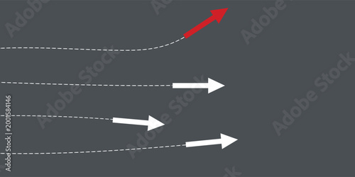 An abstract illustration depicting multiple dotted lines leading to white arrows, with one line curving upwards to a red arrow, symbolizing deviation or a unique path.