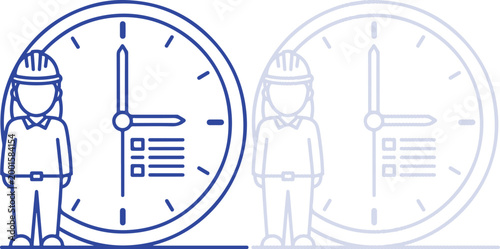 Construction worker with clock icon representing project deadline and time management, line art style