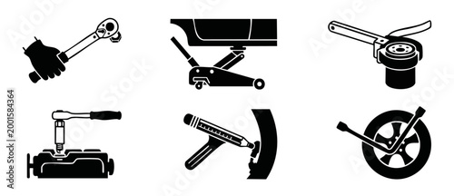 Automotive Repair Tools Icon Set - Mechanical Maintenance Equipment and Car Garage Services Vector Symbols for Workshop Mechanics and Vehicle Troubleshooting, Professional Auto Service Design Elements
