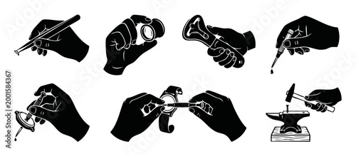 Watchmaker Hands Set Using Professional Repair Tools, Watch Repair Icons, Precision Maintenance Gear, Clockwork Mechanism Service Equipment, Black Silhouette Illustrations Collection for Technical Wor