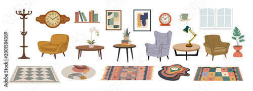Collection of living room furniture and decor items in vintage mid century modern style, rugs chairs clocks plants and wall art in flat style arranged as collage isolated on transparent background