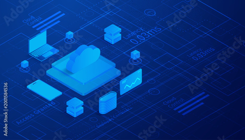 Isometric Cloud Computing Infrastructure Technology Blue Background