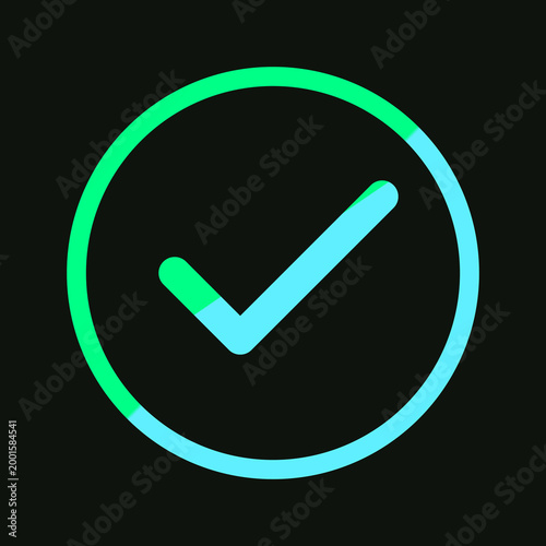 Minimalist glowing cyan checkmark symbol inside circle representing digital success validation on black background illustration