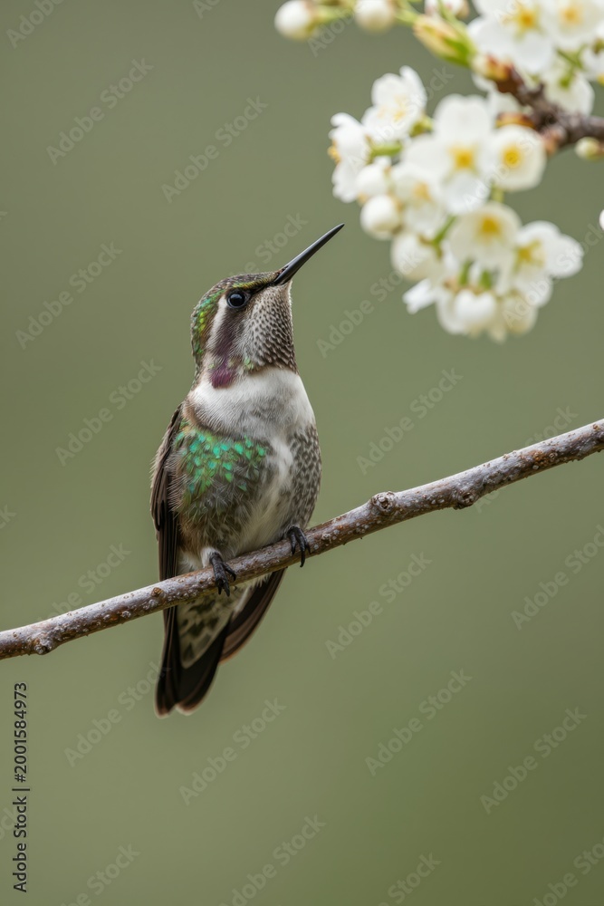 Fototapeta premium Hummingbird Perched on Flowering Branch in Natural Light