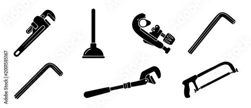 Plumbing tools icon set, pipe wrench and plunger vector collection for maintenance services, professional home repair hardware equipment silhouettes isolated on white background, industrial constructi