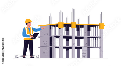 construction worker, building framework, steel beams, industrial site